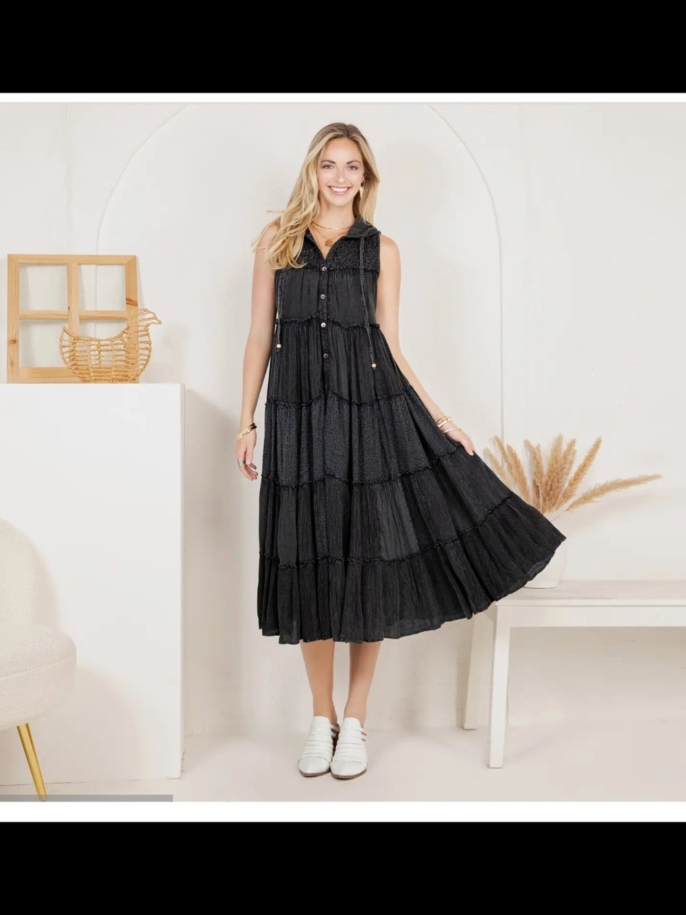 Young ThreadsTiered Sleeveless Hooded Midi Dress with Button Front in Black Sz S